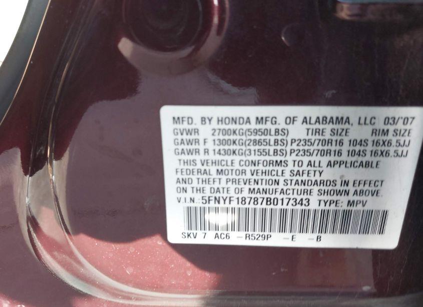 Photo 9 of 2007 Honda Pilot EX-L (VIN 5FNYF18787B017343)