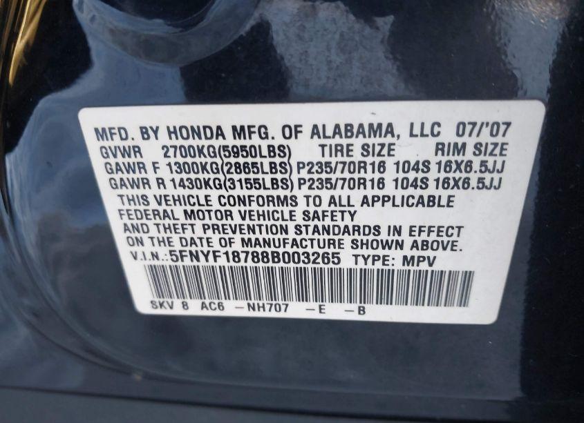 Photo 9 of 2008 Honda Pilot EX-L (VIN 5FNYF18788B003265)