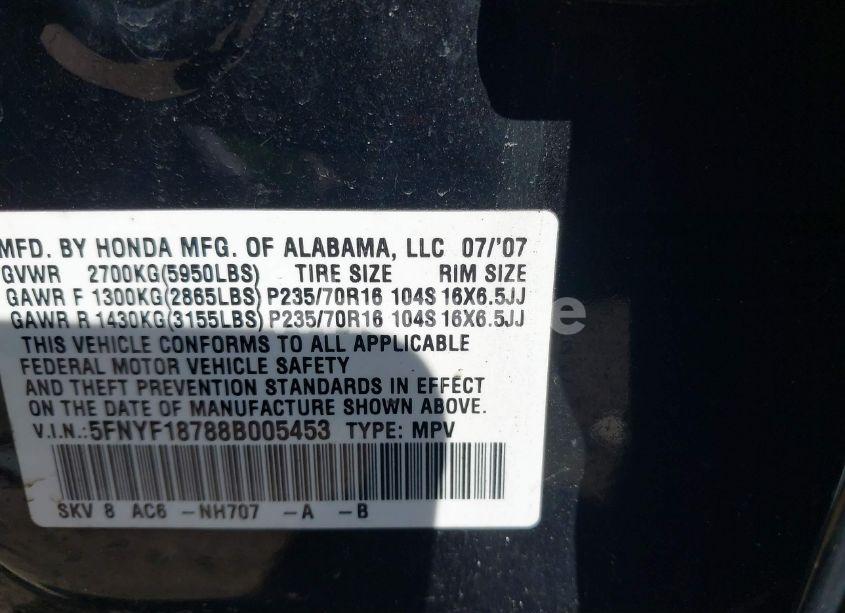 Photo 9 of 2008 Honda Pilot EX-L (VIN 5FNYF18788B005453)