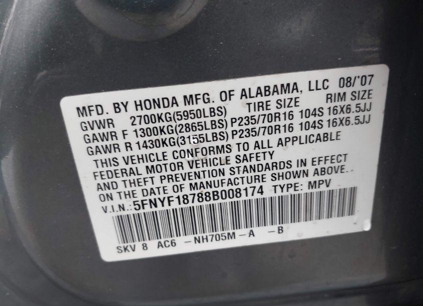 Photo 9 of 2008 Honda Pilot EX-L (VIN 5FNYF18788B008174)