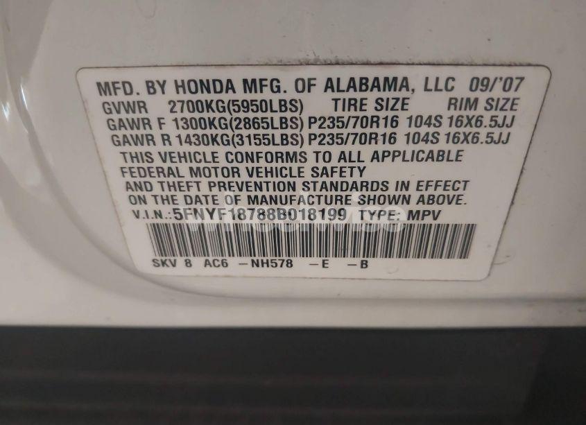 Photo 8 of 2008 Honda Pilot EX-L (VIN 5FNYF18788B018199)