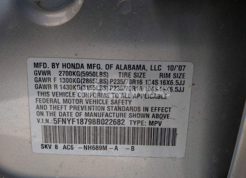 Photo 9 of 2008 Honda Pilot EX-L (VIN 5FNYF18798B022682)