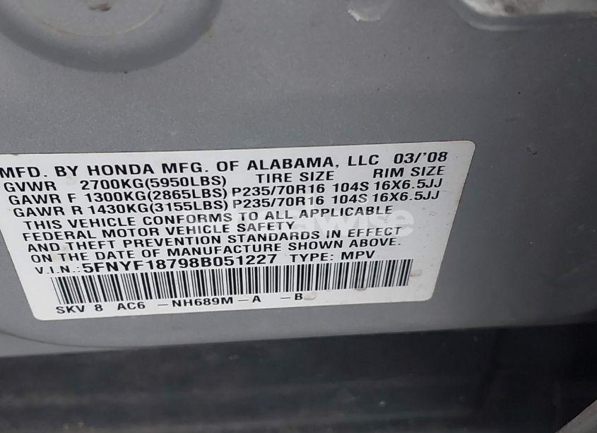 Photo 9 of 2008 Honda Pilot EX-L (VIN 5FNYF18798B051227)