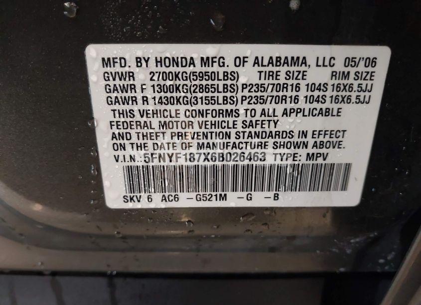 Photo 9 of 2006 Honda Pilot EX-L (VIN 5FNYF187X6B026463)
