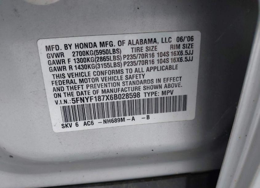 Photo 9 of 2006 Honda Pilot EX-L (VIN 5FNYF187X6B028598)