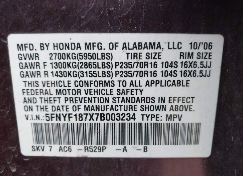 Photo 9 of 2007 Honda Pilot EX-L (VIN 5FNYF187X7B003234)