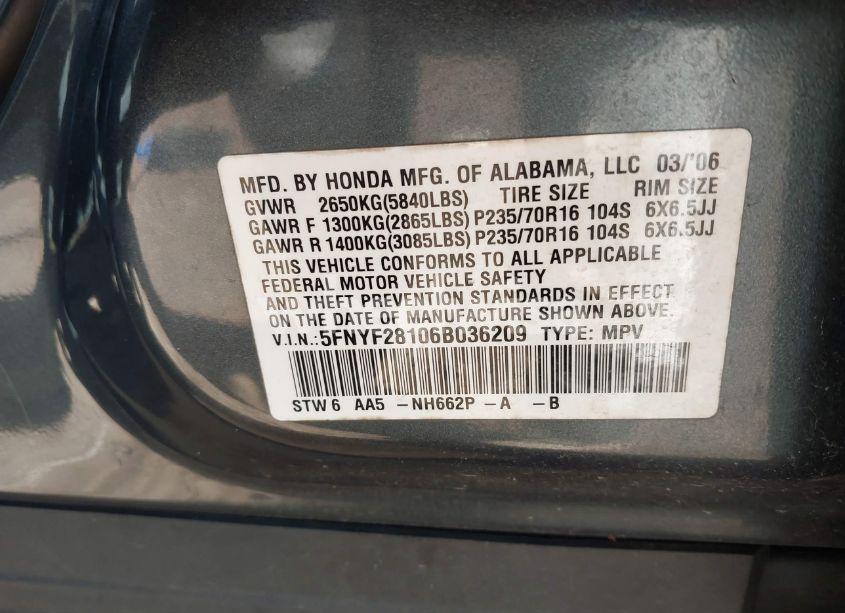 Photo 9 of 2006 Honda Pilot LX (VIN 5FNYF28106B036209)