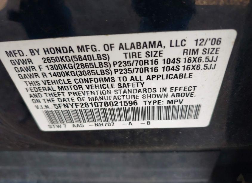 Photo 9 of 2007 Honda Pilot LX (VIN 5FNYF28107B021596)