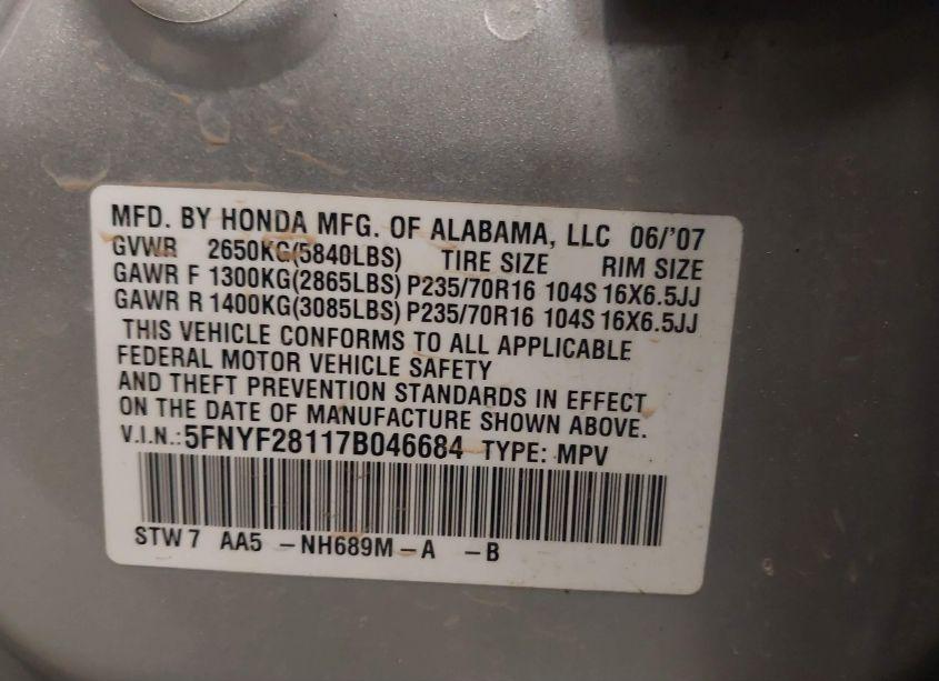 Photo 9 of 2007 Honda Pilot LX (VIN 5FNYF28117B046684)