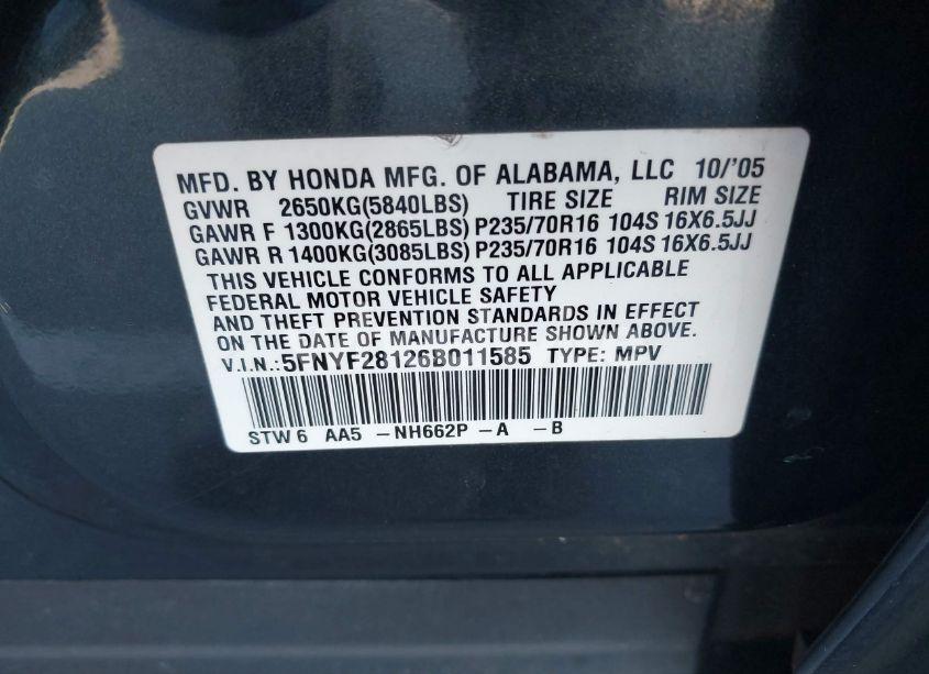 Photo 9 of 2006 Honda Pilot LX (VIN 5FNYF28126B011585)