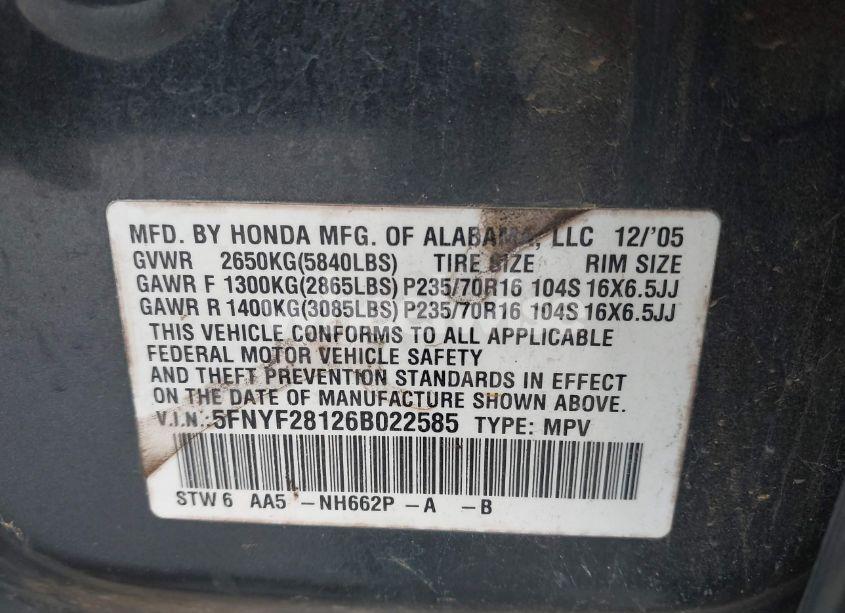 Photo 9 of 2006 Honda Pilot LX (VIN 5FNYF28126B022585)