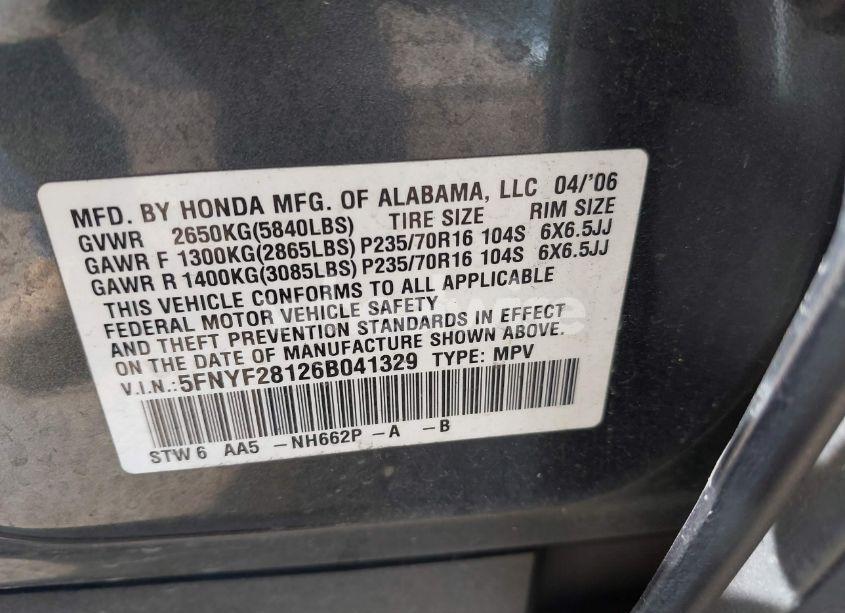 Photo 9 of 2006 Honda Pilot LX (VIN 5FNYF28126B041329)