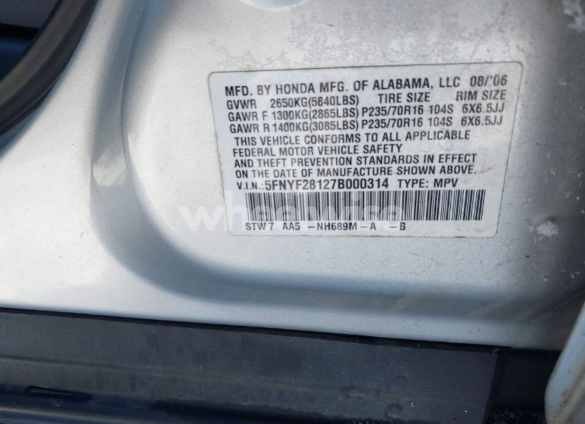 Photo 9 of 2007 Honda Pilot LX (VIN 5FNYF28127B000314)