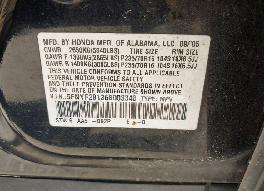 Photo 9 of 2006 Honda Pilot LX (VIN 5FNYF28136B003348)