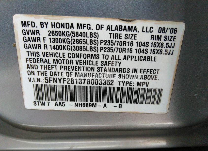 Photo 9 of 2007 Honda Pilot LX (VIN 5FNYF28137B003352)