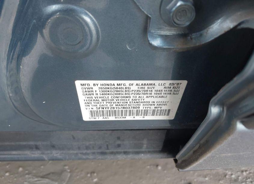 Photo 9 of 2007 Honda Pilot LX (VIN 5FNYF28157B037809)