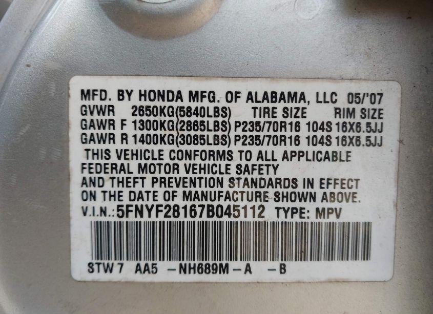 Photo 9 of 2007 Honda Pilot LX (VIN 5FNYF28167B045112)