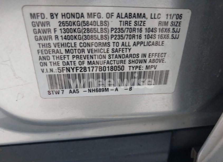 Photo 9 of 2007 Honda Pilot LX (VIN 5FNYF28177B018050)