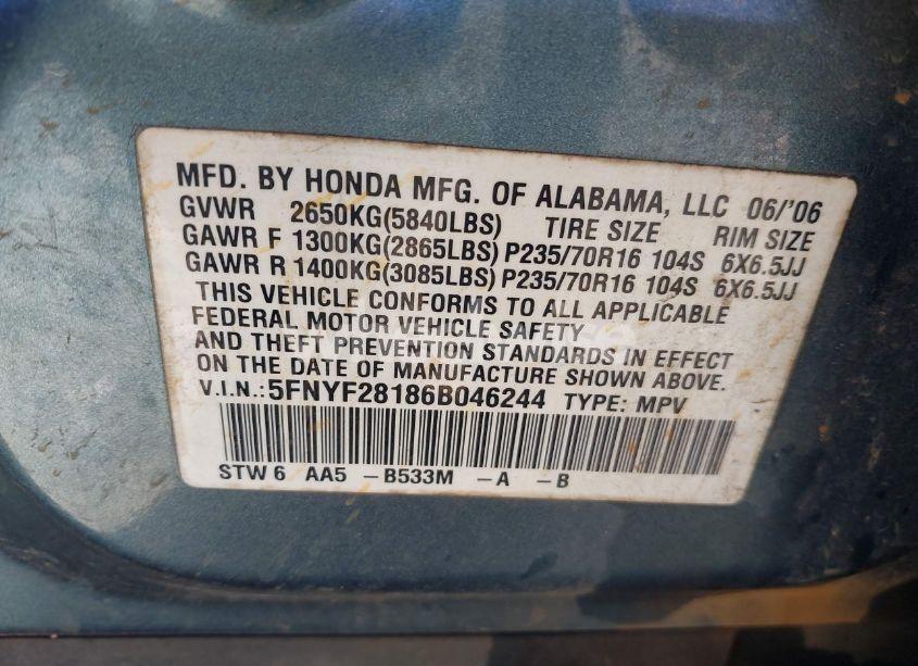 Photo 9 of 2006 Honda Pilot LX (VIN 5FNYF28186B046244)