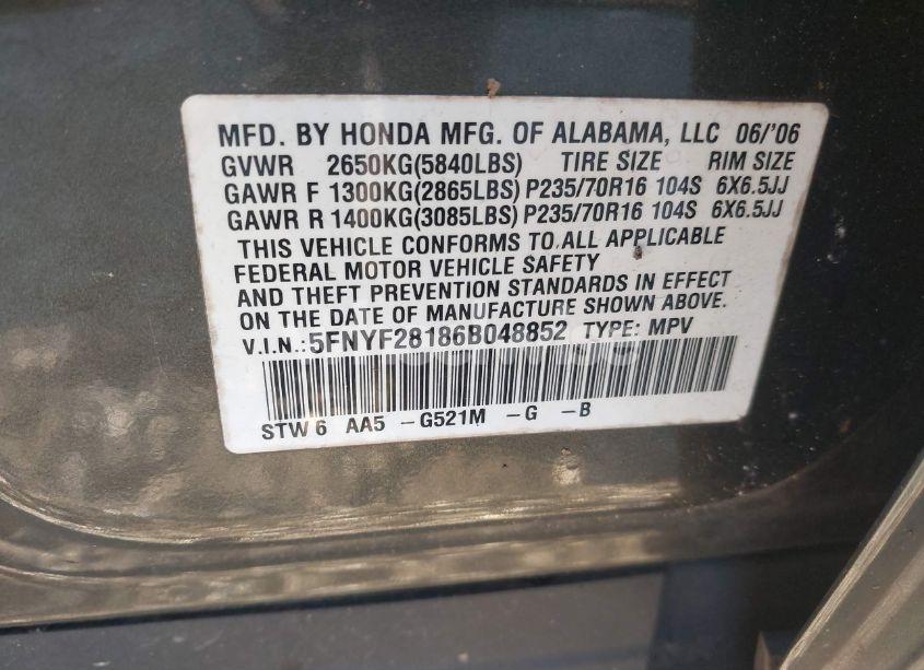 Photo 9 of 2006 Honda Pilot LX (VIN 5FNYF28186B048852)