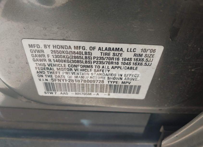 Photo 9 of 2007 Honda Pilot LX (VIN 5FNYF28187B009728)