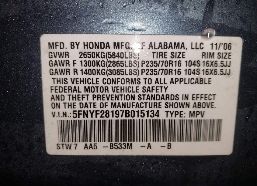 Photo 9 of 2007 Honda Pilot LX (VIN 5FNYF28197B015134)