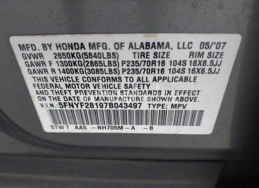 Photo 9 of 2007 Honda Pilot LX (VIN 5FNYF28197B043497)