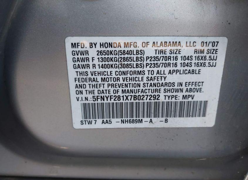 Photo 9 of 2007 Honda Pilot LX (VIN 5FNYF281X7B027292)