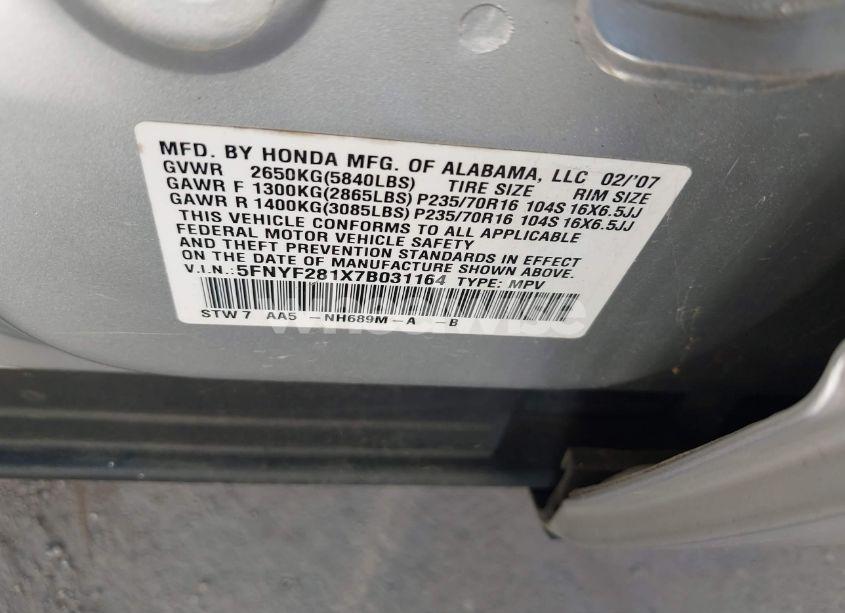 Photo 9 of 2007 Honda Pilot LX (VIN 5FNYF281X7B031164)
