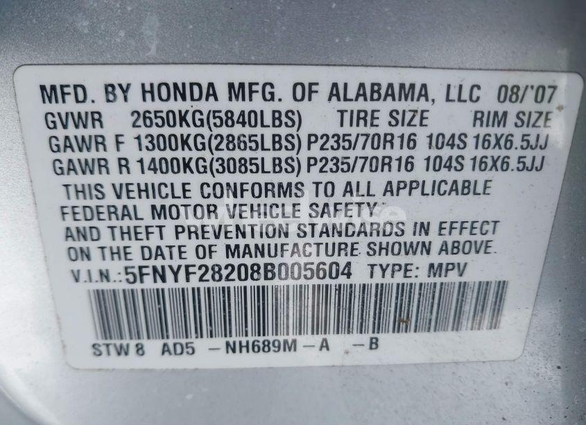 Photo 9 of 2008 Honda Pilot VP (VIN 5FNYF28208B005604)