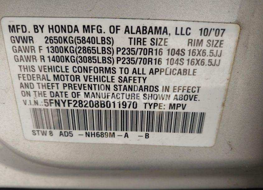 Photo 9 of 2008 Honda Pilot VP (VIN 5FNYF28208B011970)