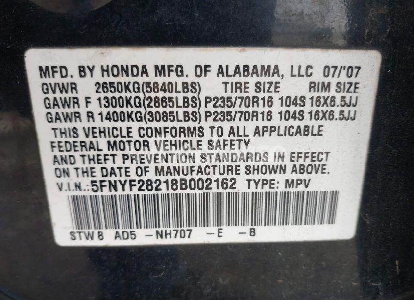 Photo 9 of 2008 Honda Pilot VP (VIN 5FNYF28218B002162)