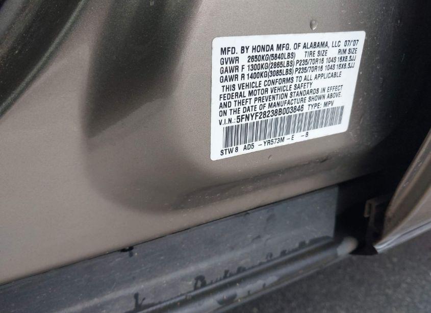 Photo 9 of 2008 Honda Pilot VP (VIN 5FNYF28238B003846)