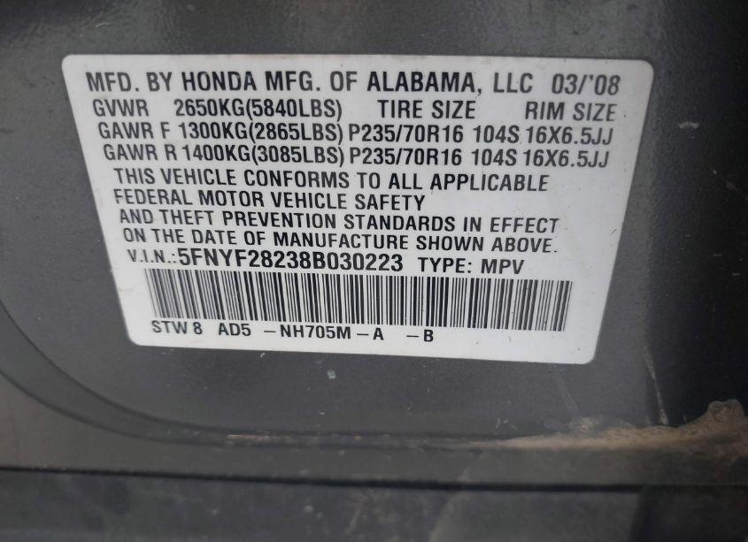 Photo 9 of 2008 Honda Pilot VP (VIN 5FNYF28238B030223)
