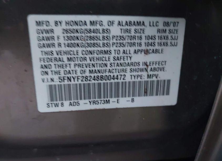 Photo 9 of 2008 Honda Pilot VP (VIN 5FNYF28248B004472)