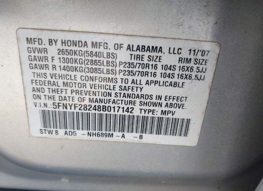 Photo 9 of 2008 Honda Pilot VP (VIN 5FNYF28248B017142)