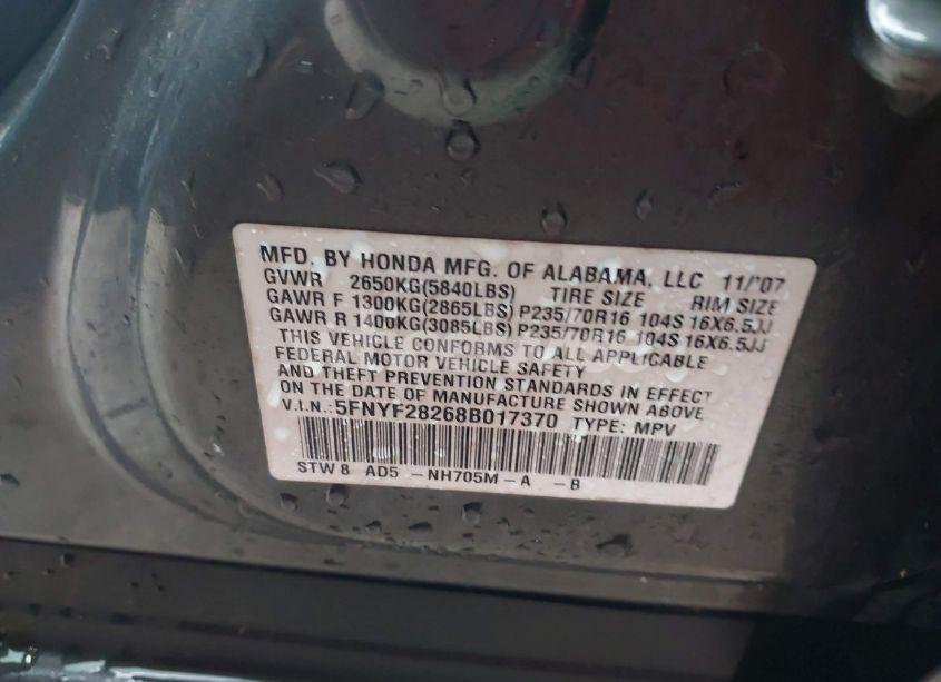 Photo 9 of 2008 Honda Pilot VP (VIN 5FNYF28268B017370)