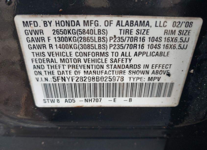Photo 9 of 2008 Honda Pilot VP (VIN 5FNYF28298B025978)
