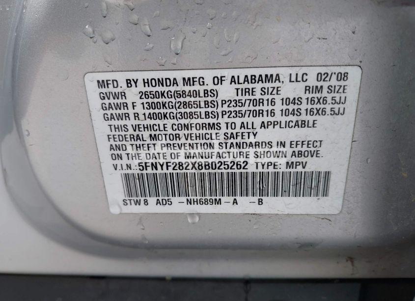 Photo 9 of 2008 Honda Pilot VP (VIN 5FNYF282X8B025262)