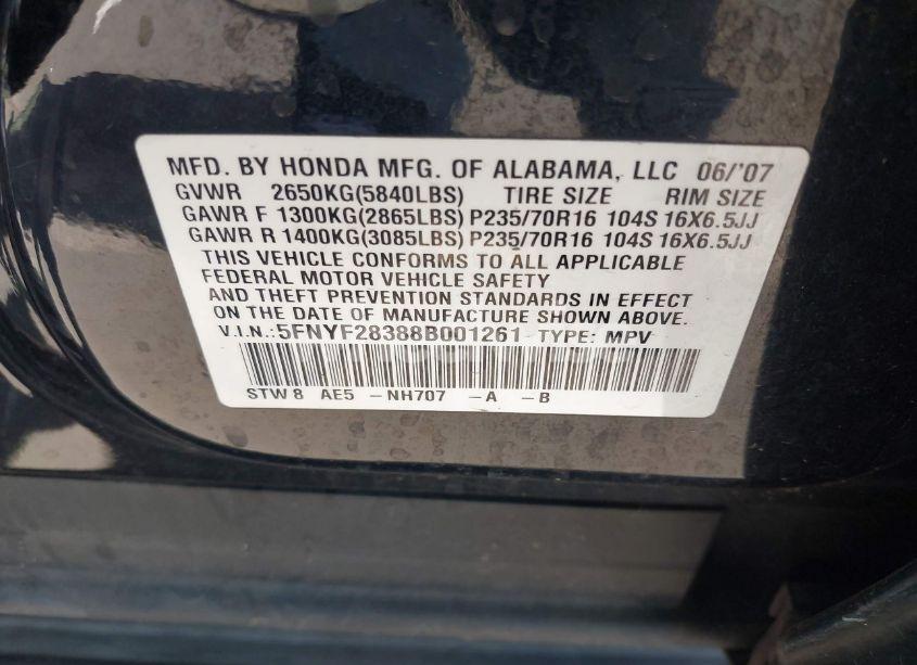 Photo 9 of 2008 Honda Pilot SE (VIN 5FNYF28388B001261)