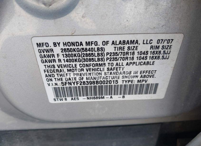 Photo 9 of 2008 Honda Pilot SE (VIN 5FNYF28398B002015)