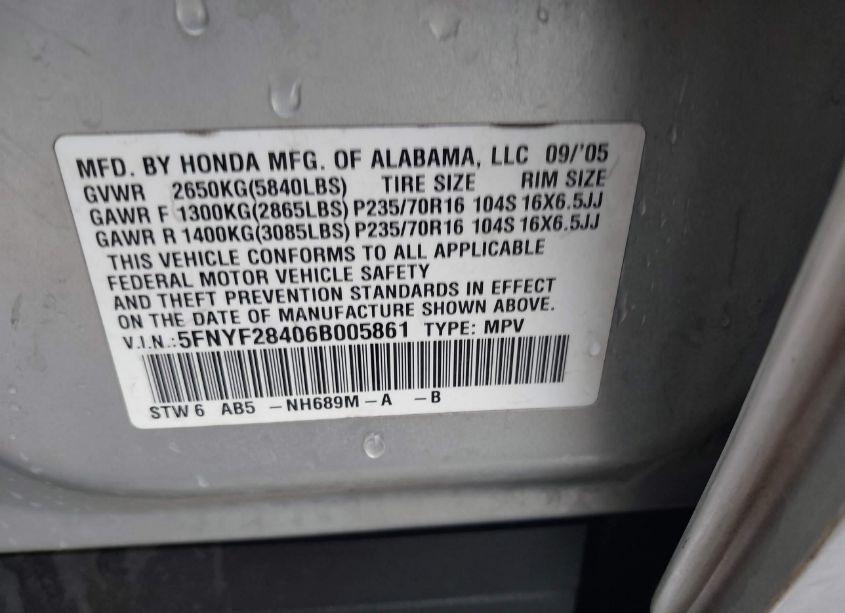 Photo 9 of 2006 Honda Pilot EX (VIN 5FNYF28406B005861)