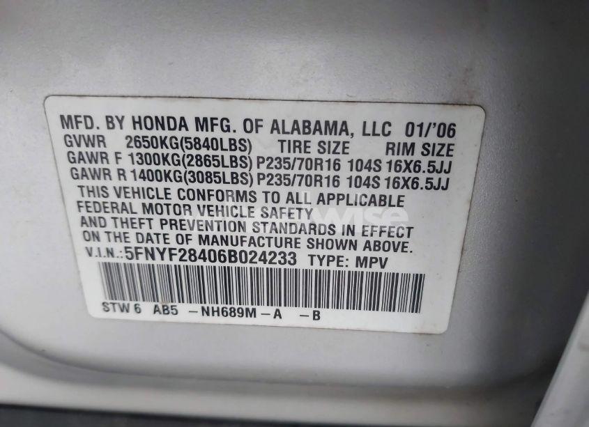 Photo 9 of 2006 Honda Pilot EX (VIN 5FNYF28406B024233)