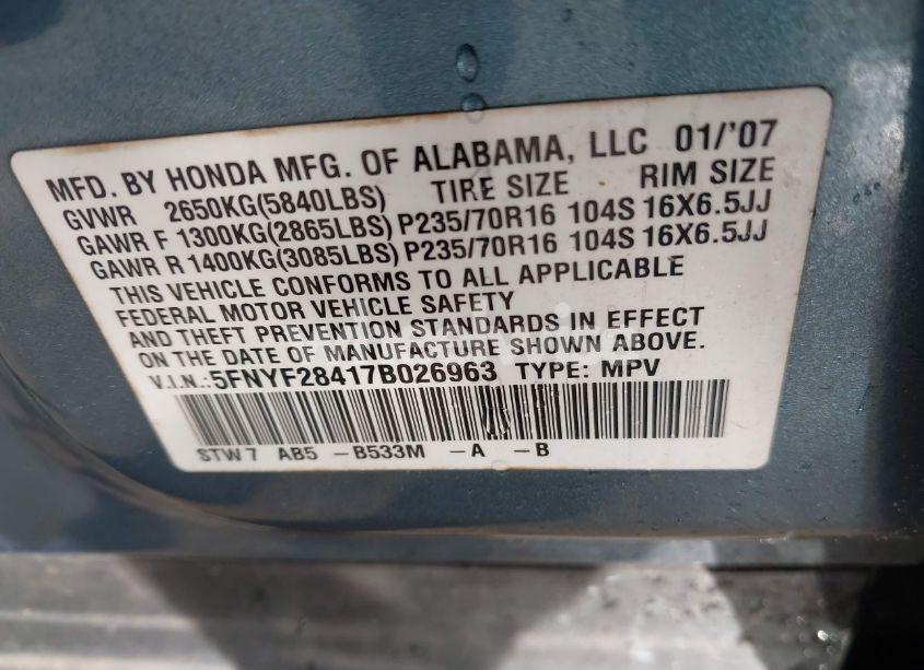 Photo 9 of 2007 Honda Pilot EX (VIN 5FNYF28417B026963)