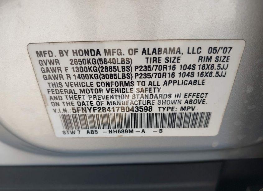 Photo 9 of 2007 Honda Pilot EX (VIN 5FNYF28417B043598)