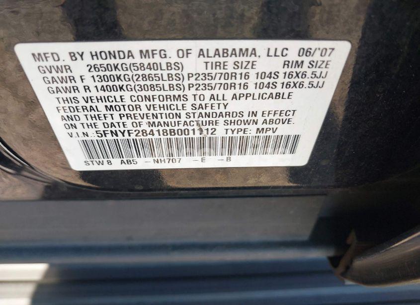 Photo 9 of 2008 Honda Pilot EX (VIN 5FNYF28418B001112)