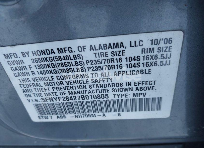 Photo 9 of 2007 Honda Pilot EX (VIN 5FNYF28427B010805)