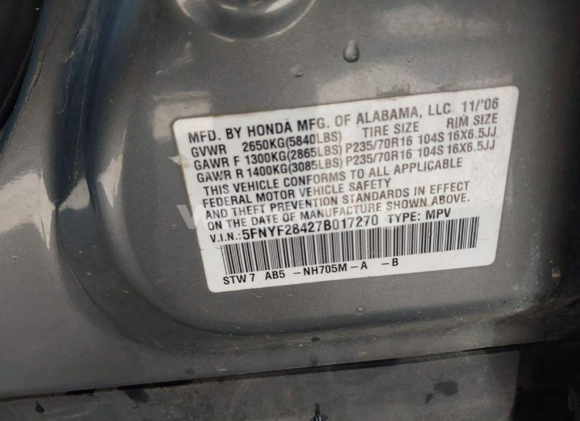 Photo 9 of 2007 Honda Pilot EX (VIN 5FNYF28427B017270)