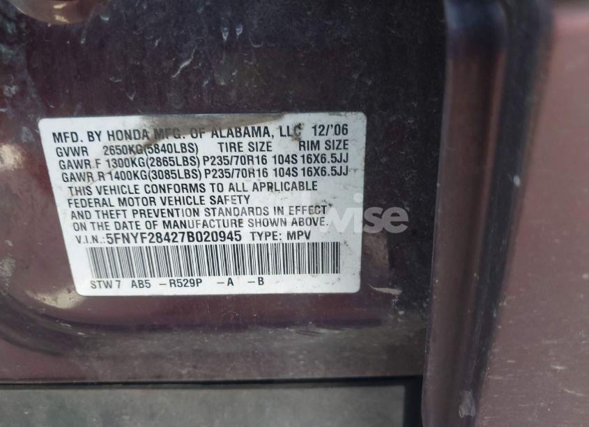 Photo 9 of 2007 Honda Pilot EX (VIN 5FNYF28427B020945)