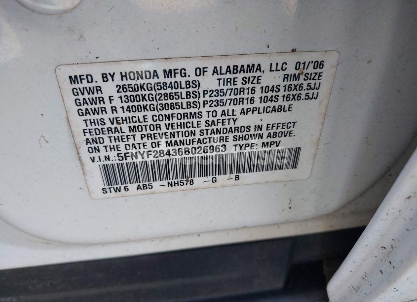 Photo 9 of 2006 Honda Pilot EX (VIN 5FNYF28436B026963)